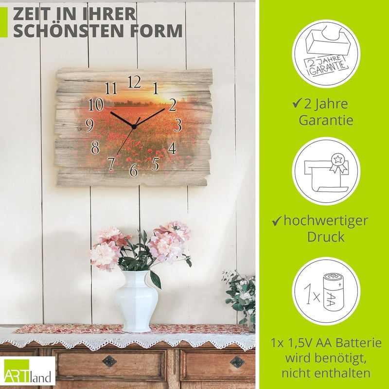 ARTLAND Wanduhr ohne Tickgeräusche aus Holz Funkuhr 40x30 cm Rechteckig Lautlos Mohnblumen Blumen So