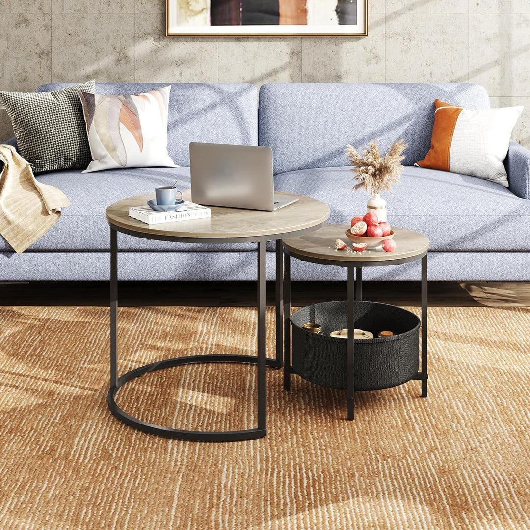 WLIVE Couchtisch Rund 2er Set, Kleiner Beistelltisch mit Stoffkorb, Satztische Wohnzimmertisch mit M