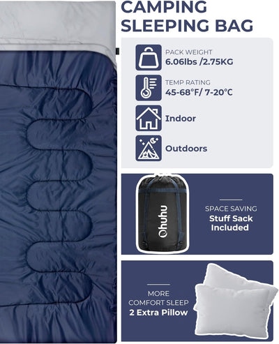 Schlafsack Outdoor Sommer: Ohuhu Doppelschlafsack mit 2 Kissen und Tragetasche, Wasserdicht Leicht 2