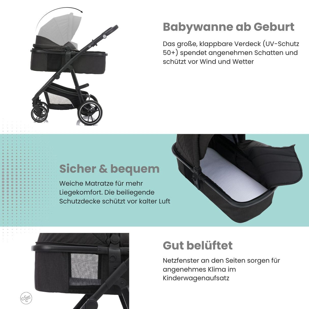 Fillikid 4-1 Kombi-Kinderwagen-Set Fill Jaguar mit Sportsitz, Babywanne mit Matratze, Babyschale, Wi