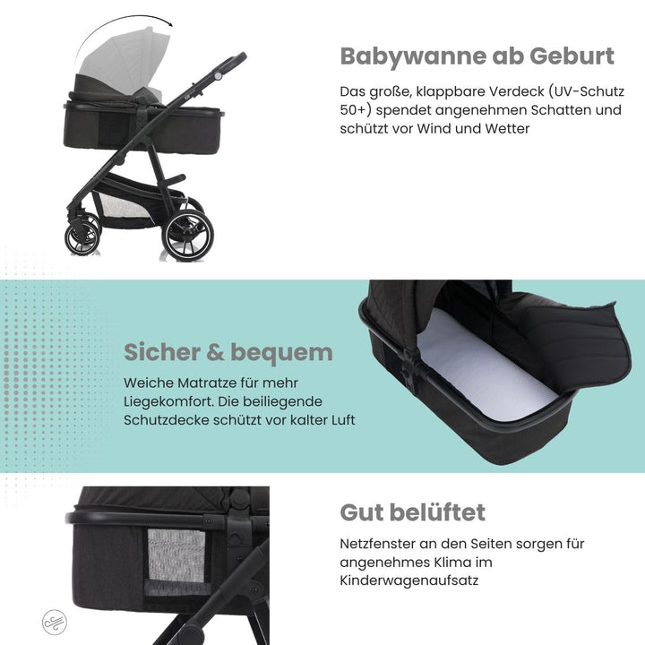 Fillikid 4-1 Kombi-Kinderwagen-Set Fill Jaguar mit Sportsitz, Babywanne mit Matratze, Babyschale, Wi
