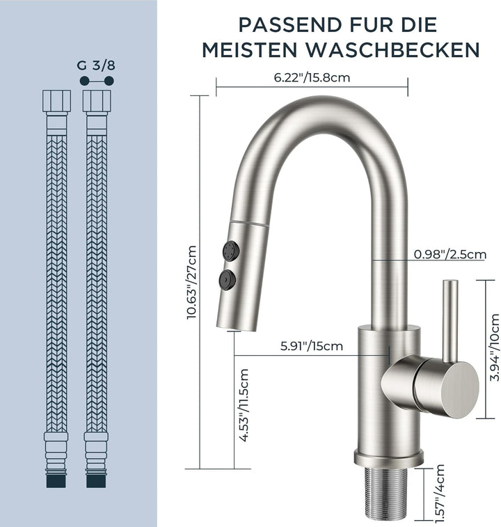 FORIOUS Wasserhahn Bad mit Ausziehbarer Brause, Edelstahl Waschtischarmatur Hoch mit 2 Strahlarten,