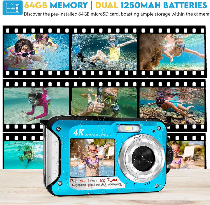64MP Unterwasserkamera mit 64GB Speicherkarte, 4K unterwasser kamera mit Autofokus & Dual-Selfie-Bil