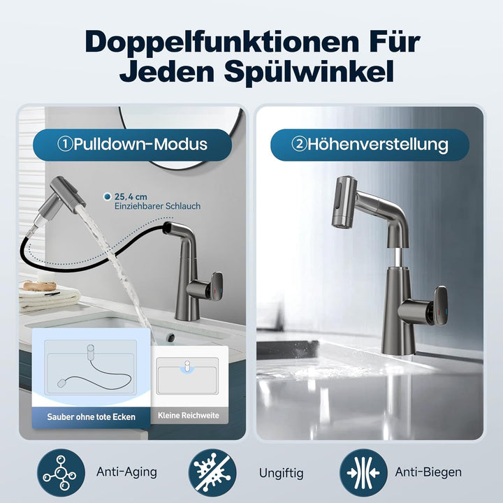 Waschtischarmatur mit Herausziehbarer Brause Wasserhahn Bad mit 3 Strahlarten, 360° Schwenkbar & Höh