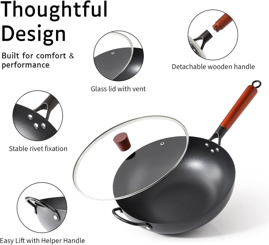 Kordisen 32 cm Wok aus Kohlenstoffstahl mit Deckel, flacher Boden, natürlich antihaftbeschichtet, ge