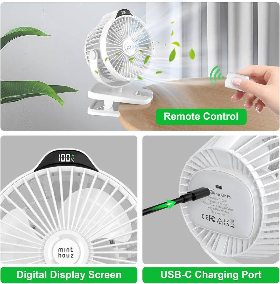 Minthouz Tischventilator mit Clip, 8000mAh USB Ventilator, 5 Geschwindigkeiten Tragbarer Mini Ventil