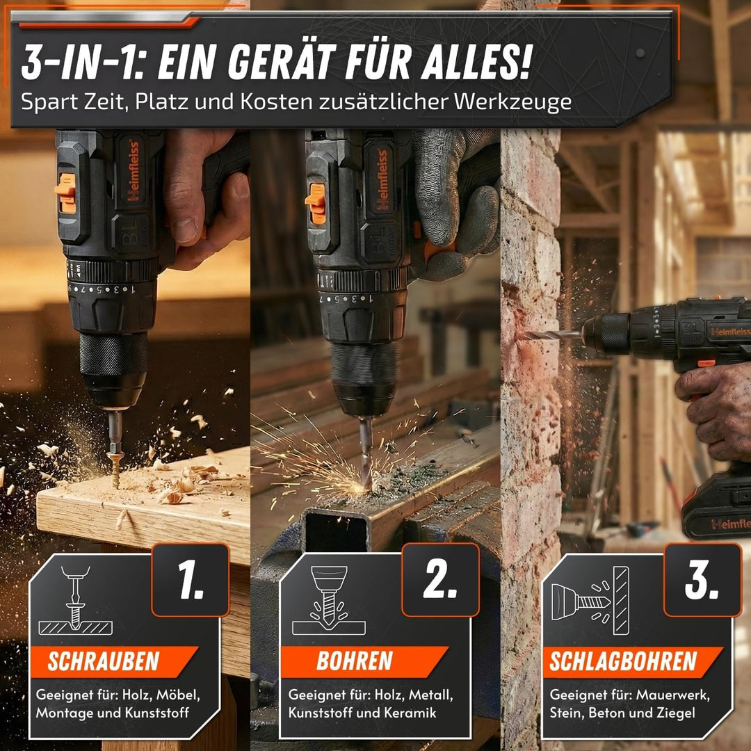 Heimfleiss® Professional 20V Akkuschrauber Set | 3-in-1 Akku Schlagbohrschrauber inkl. 2x 2.0Ah Akku