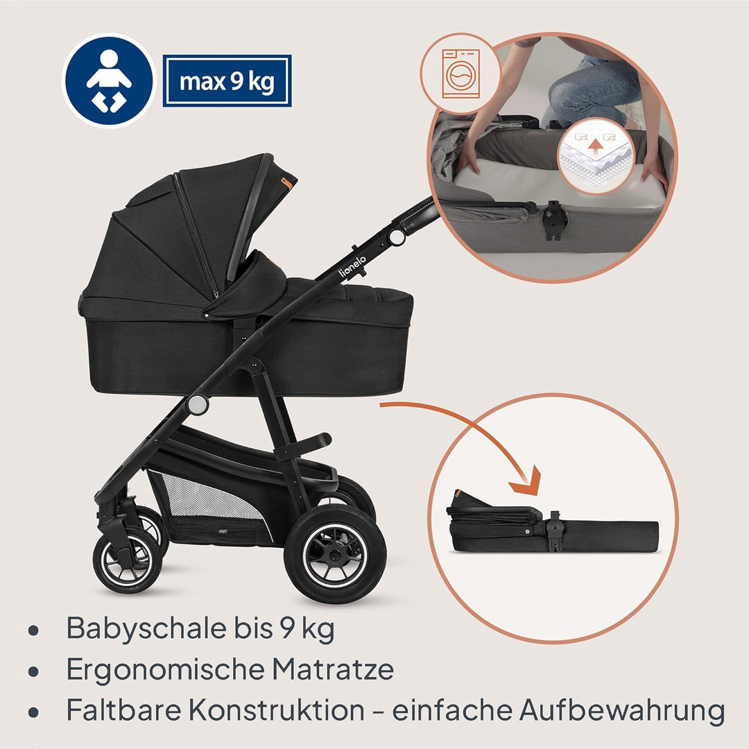 LIONELO BIANKA Kinderwagen 3 in 1 bis 22 kg Babywanne Autositz, Zusammenlegbar, Reise-System, Einste