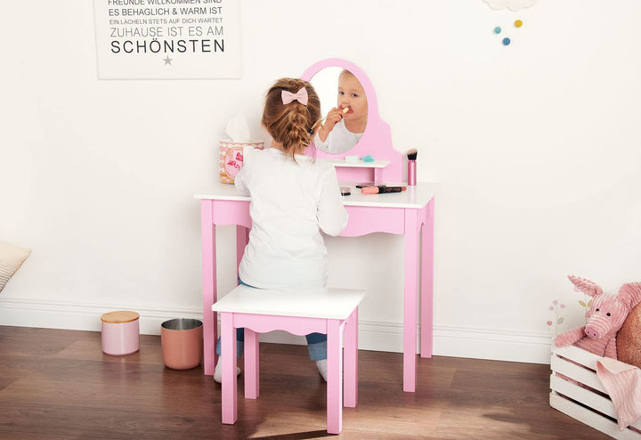 PINOLINO Kinderschminktisch Jasmin, MDF rosa und weiss lackiert, Schminktisch mit Spiegel und Hocker
