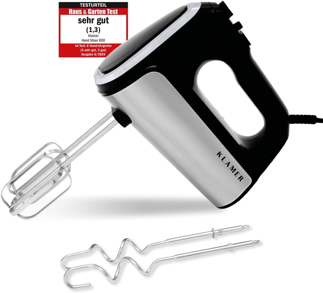 KLAMER Handrührgerät, 600 Watt Handrührer mit Turbostufe, 5 Stufen Handmixer mit Schneebesen und Kne