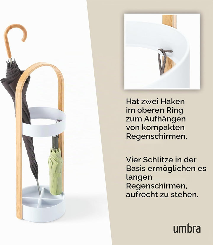 Umbra Bellwood Schirmständer, Runder Regenschirmständer mit Rostfreier Abtropfschale, Weiss/Natur Gr