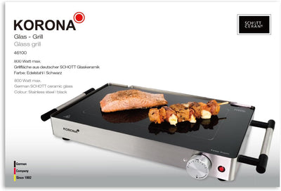 Korona 46100 Glas-Tischgrill | 2 in 1 Tischgrill und Warmhalteplatte | 800 Watt | Edelstahlgehäuse |