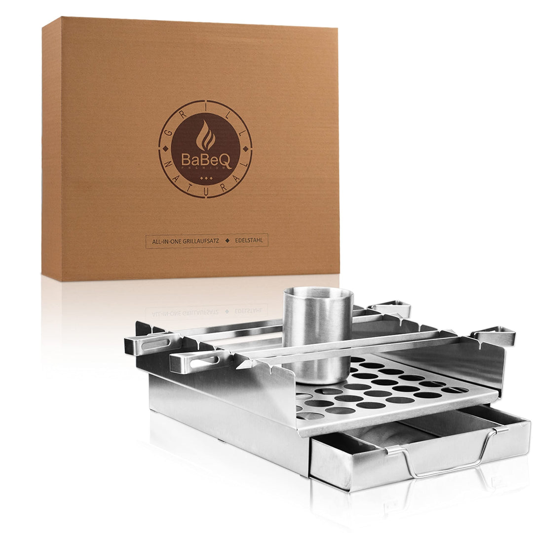 All-in-One Grillhalter aus Edelstahl für Grillspiesse, als Grillkorb, Grillpfanne inkl. Hähnchenbrät