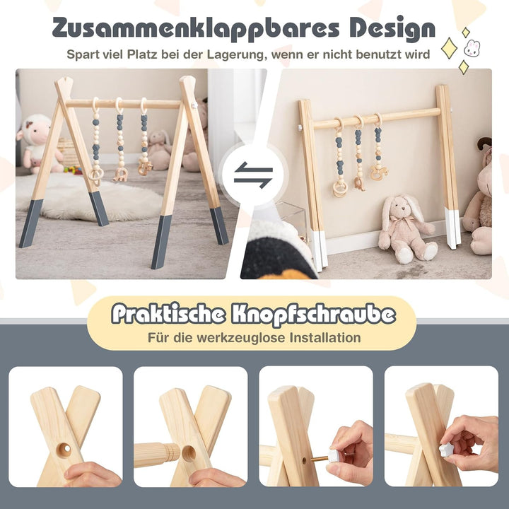 COSTWAY Baby Spielbogen Holz, Spieltrapez klappbar, Baby Gym mit 3 abnehmbaren Kinderspielzeugen, Sp