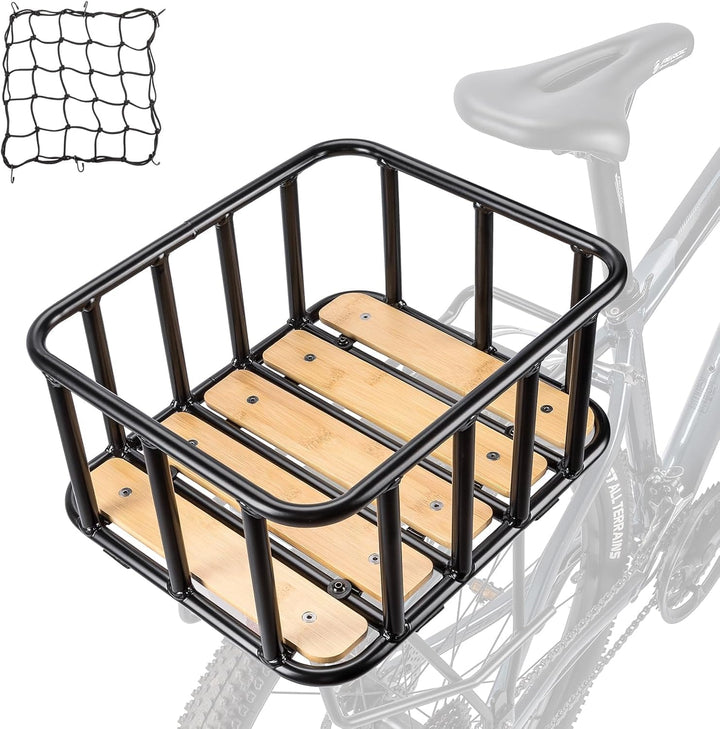 CXWXC Fahrradkorb Hinten – Grosser Gepäckträger-Korb mit Holz-Boden, wasserdichter Abdeckung & Cargo