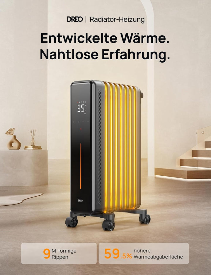 Dreo Ölradiator Energiesparend, 2000W Elektroheizung mit 9 Rippen, 3 Heizstufen, 4 Modi, 24h Timer,