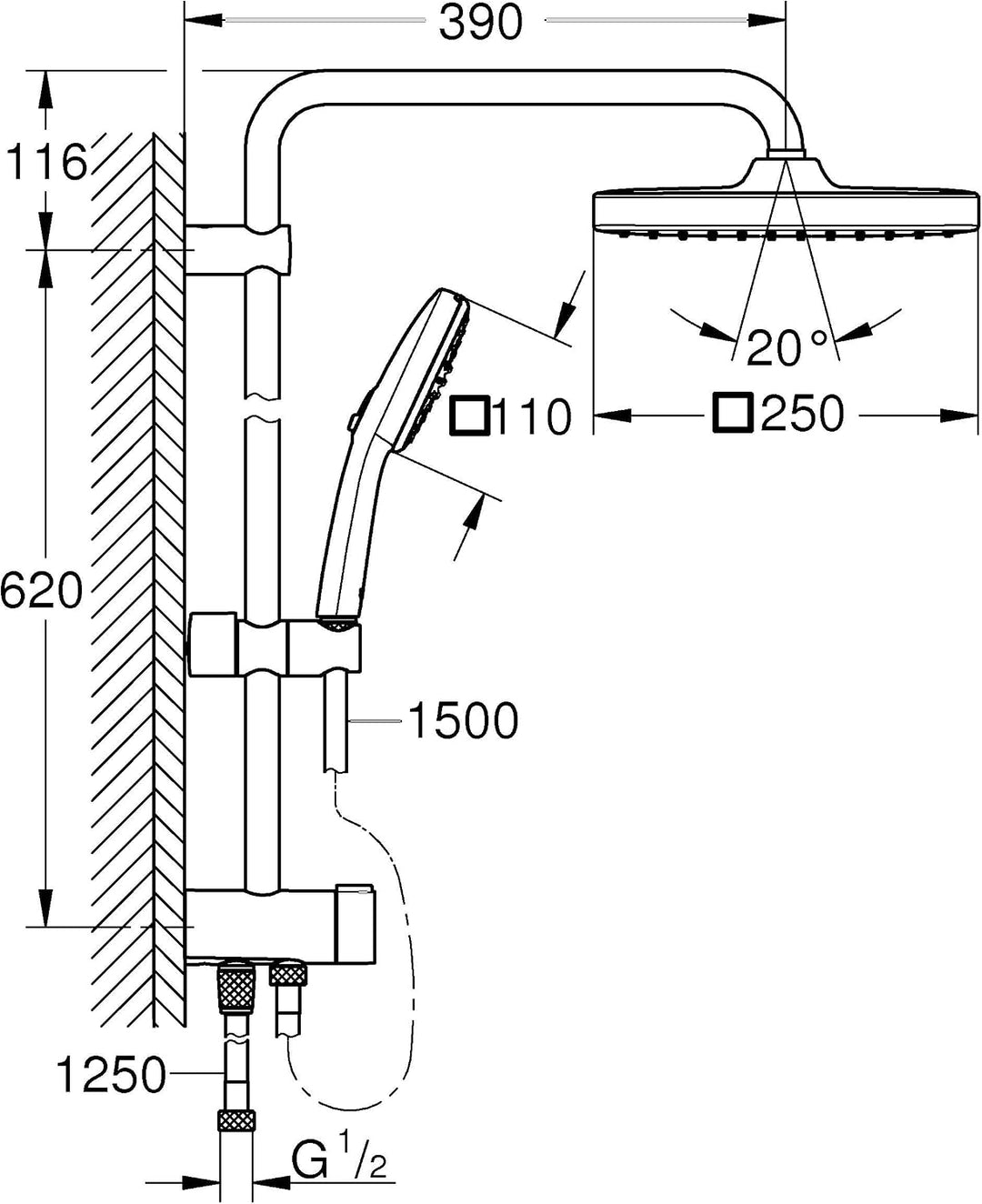 GROHE Vitalio 250, Duschset ohne Armatur, wassersparend, 8l pro Min (Regendusche für vorhandene Dusc