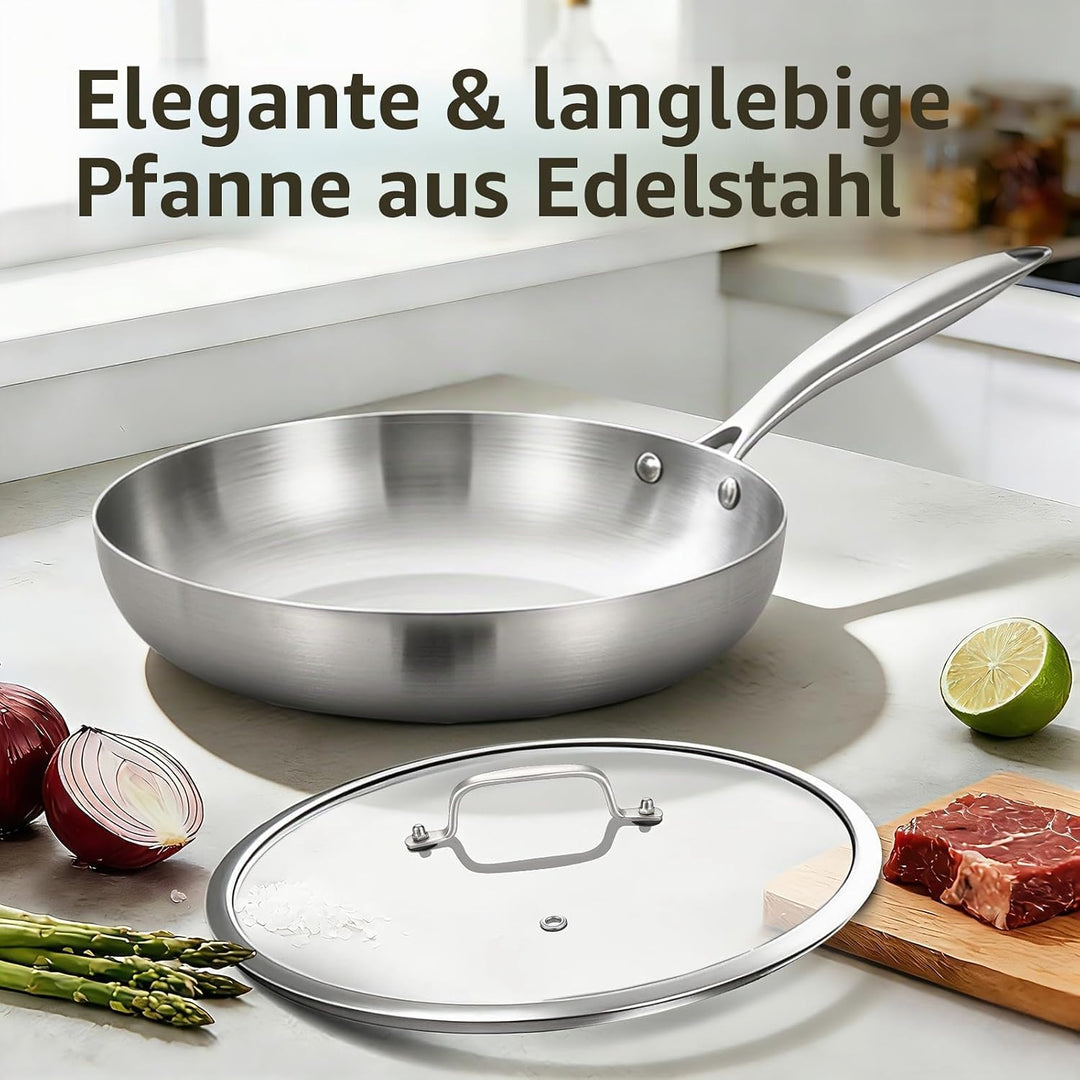 Inqibee Edelstahlpfanne Bratpfanne Unbeschichtet 28 cm mit Deckel - Kleine Pfanne Edelstahl, Stainle