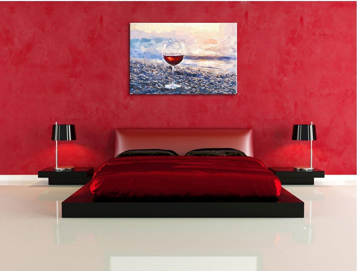 Pixxprint Weinglas am Strand / 100x70cm Leinwandbild bespannt auf Holzrahmen/Wandbild Kunstdruck Dek