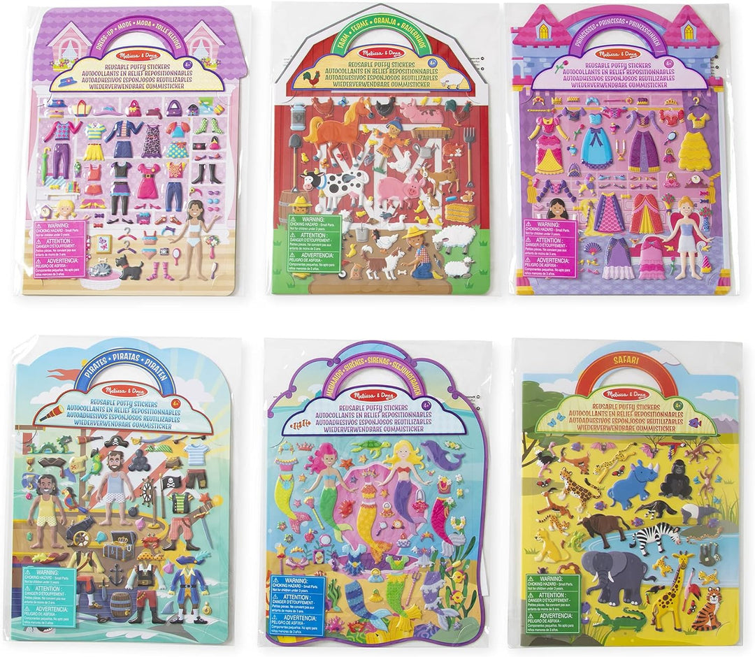 Melissa & Doug | Pack mit 6 wiederverwendbaren, bauschigen Stickern – Ankleiden, Prinzessin, Safari,