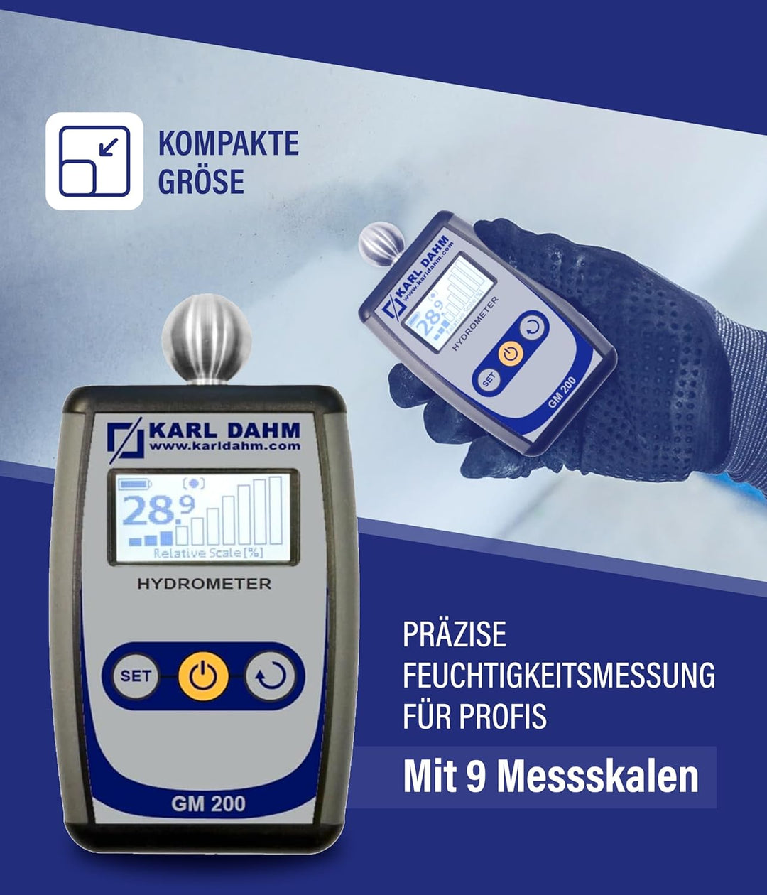 Karl Dahm Feuchtigkeitsmessgerät GM-200 mit Kugel I Perfekt geeignet um Zementestrich, Beton, Gipspu