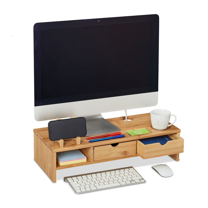 Relaxdays Monitorständer, aus Bambus, Ablagefach, 2 Schubladen, Erhöhung für Monitor, Laptop, HBT: 1