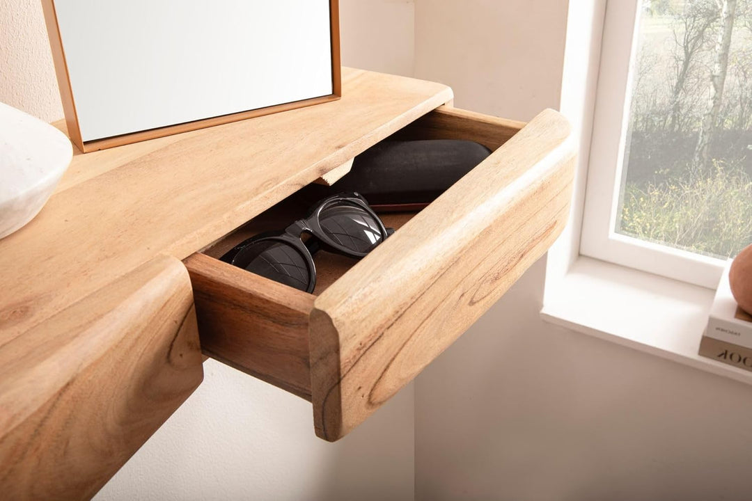 Wohnling Wandregal Akazie Massivholz 60cm mit Zwei Schubladen - Design Regal für die Wand - Holz Wan