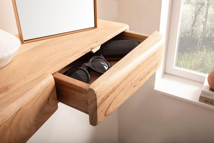 Wohnling Wandregal Akazie Massivholz 60cm mit Zwei Schubladen - Design Regal für die Wand - Holz Wan