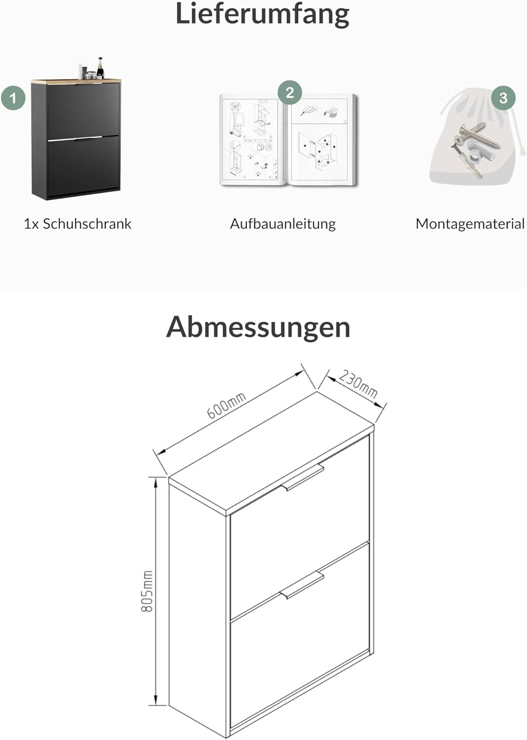 Planetmöbel Schuhschrank schmal mit 2 Klappen platzsparender Schuhregal mit 4 Ablagen, Schuhkommode
