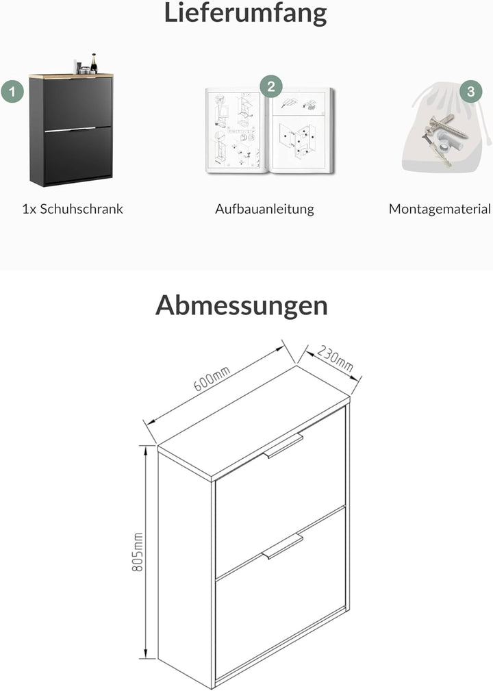 Planetmöbel Schuhschrank schmal mit 2 Klappen platzsparender Schuhregal mit 4 Ablagen, Schuhkommode