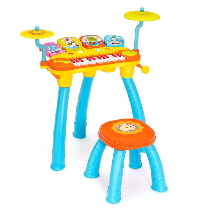 GOPLUS Kinderkeyboard mit Schlagzeug & Hocker, 24-Tasten Klaviertastatur mit 4 Trommeln, 2 Becken, 2