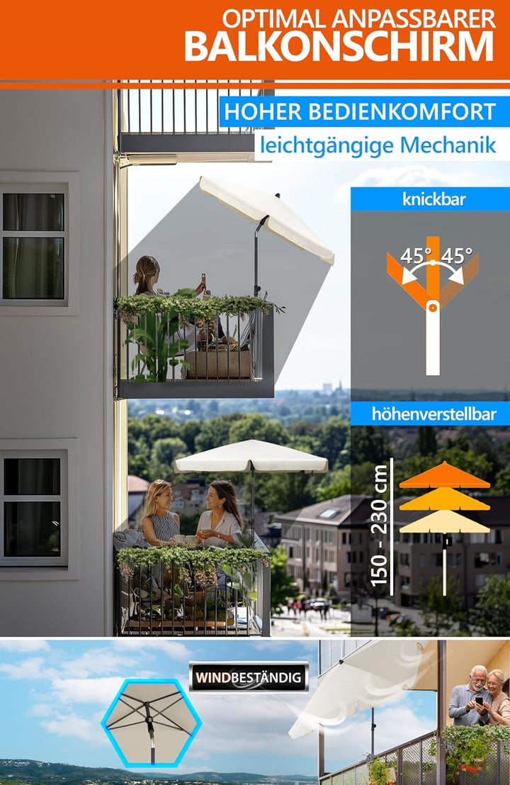 4smile Sonnenschirm Balkon SunnyShade, 200 x 125 cm, UPF 50+ Sonnenschirm rechteckig als Sonnenschut