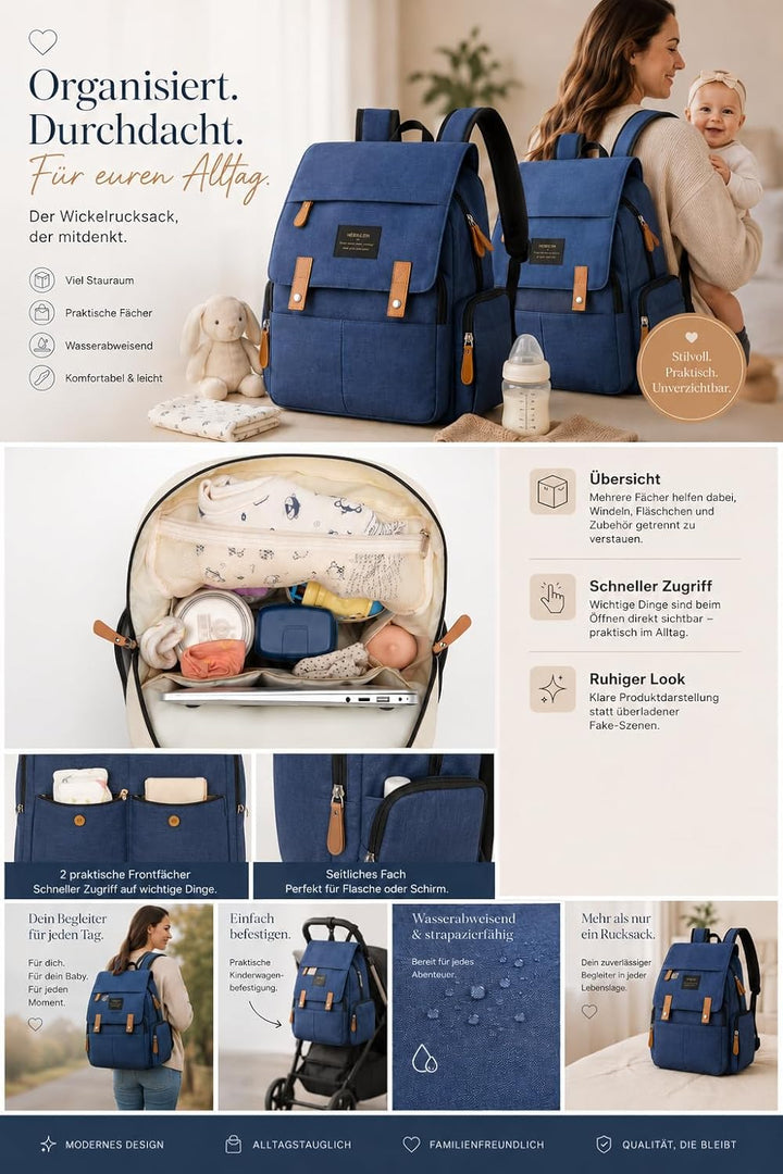 Heberlein Prestige Baby Wickelrucksack - grosse Wickeltasche für Mama & Papa, wasserabweisend mit vi