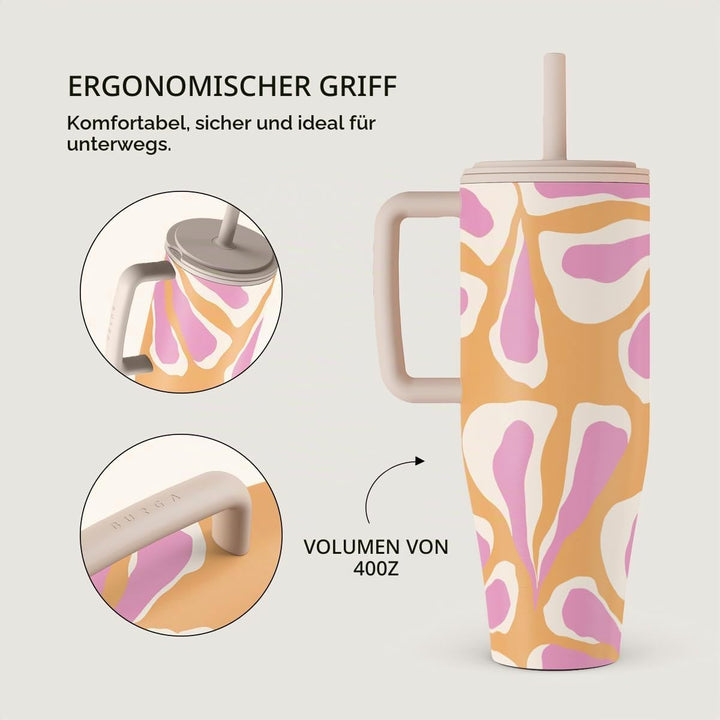 BURGA 1,2l Becher mit Griff und Trinkhalm – Auslaufsichere isolierte Wasserflasche, hält Getränke 12
