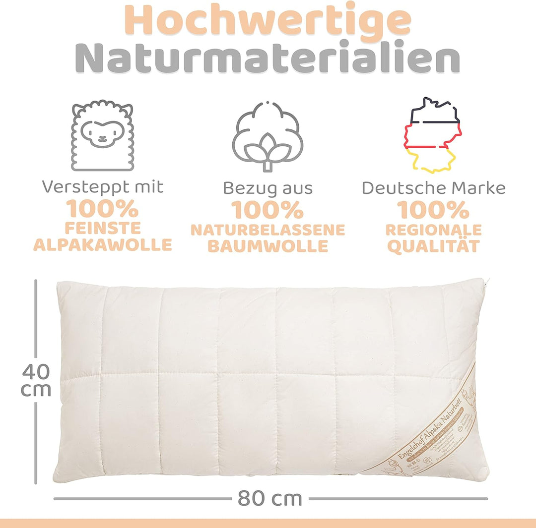 Engelshof Alpaka Kopfkissen 40x80cm mit Alpakavlies gefüllt - Alpakakissen versteppt mit 100% feinst