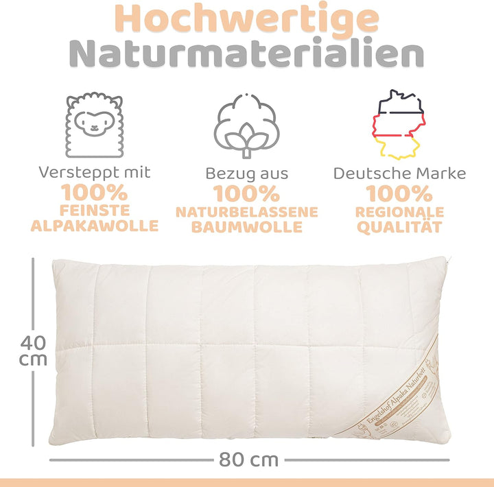 Engelshof Alpaka Kopfkissen 40x80cm mit Alpakavlies gefüllt - Alpakakissen versteppt mit 100% feinst