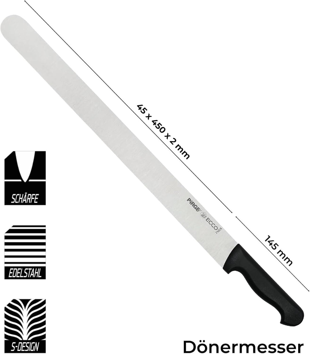 Pirge Ecco Dönermesser 45 cm Schwarz - Aufschnittmesser - Schärfstes Döner Langmesser - Schneidemess