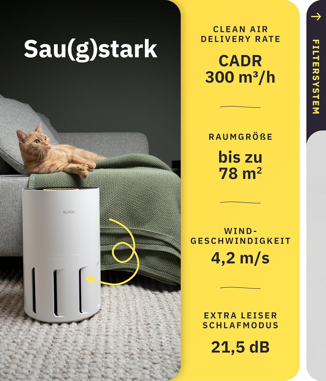 Luftreiniger Allergiker 360° HEPA-Filter Pet entfernt 99,99% der Tierhaare, Staub & Pollen I 300 CAD