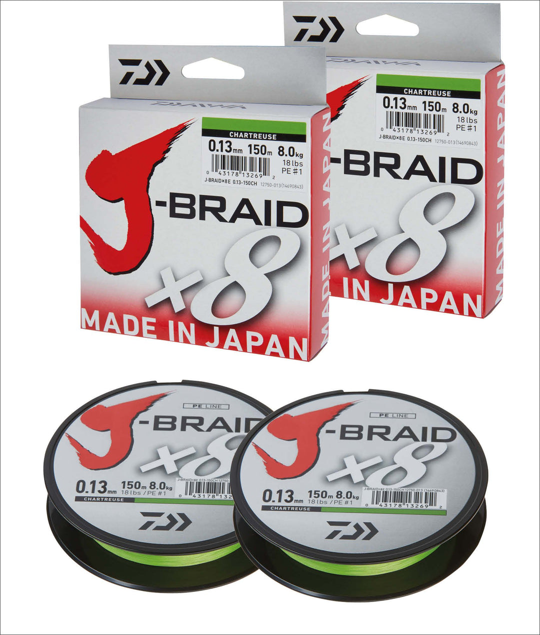 Daiwa J-Braid 8 Braid 150 m Chartreuse geflochtene Angelschnur, 2 Stück Dm: 0,20 mm, Dm: 0,20 mm