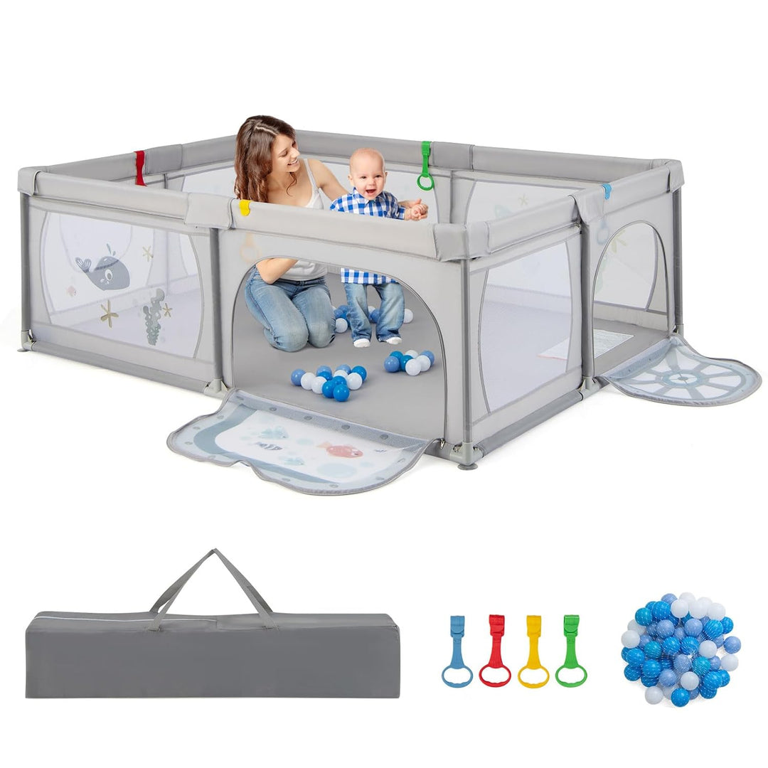 GOPLUS Baby Laufstall mit 50 Spielbällen, Krabbelgitter für Kleinkinder & Säulinge, Laufgitterzelt m