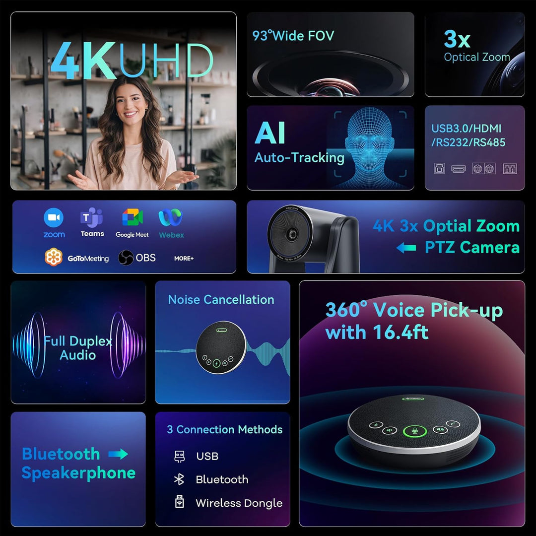 TONGVEO 4K PTZ-Konferenzkamerasystem, KI-Auto-Tracking, 3X Zoom, 4K PTZ-Kamera mit USB 3.0/HDMI & 93