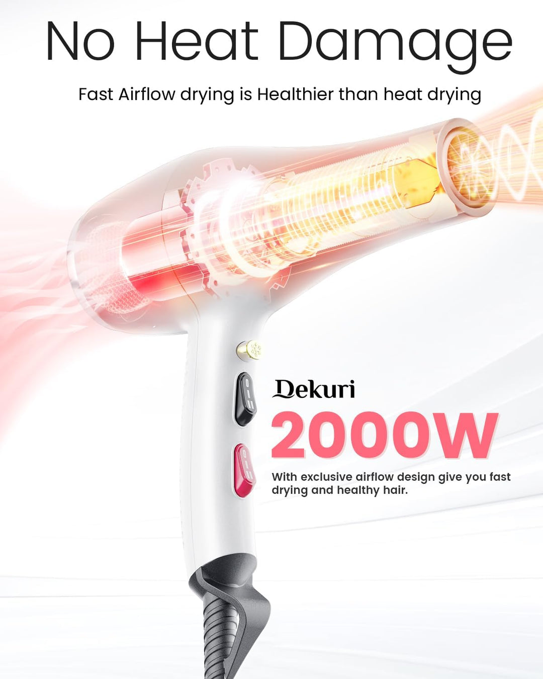 Dekuri Föhn Ionen, Profi Fön Haartrockner Hair Dryer Haarföhn mit 1 Diffusor 2 Stylingdüse, 3 Heiz u