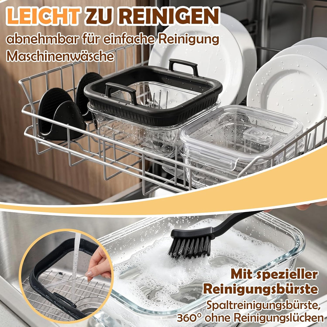 Glas-Auflaufform Airfryer mit Deckel, BPA-frei Glasform für Airfryer mit Abnehmbaren Silikongriffen,