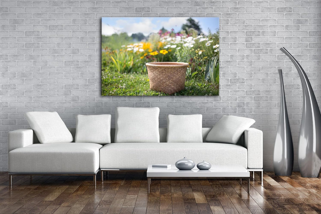 deyoli Weidenkorb am Blumenbett Format: 100x70 als Leinwand, Motiv fertig gerahmt auf Echtholzrahmen