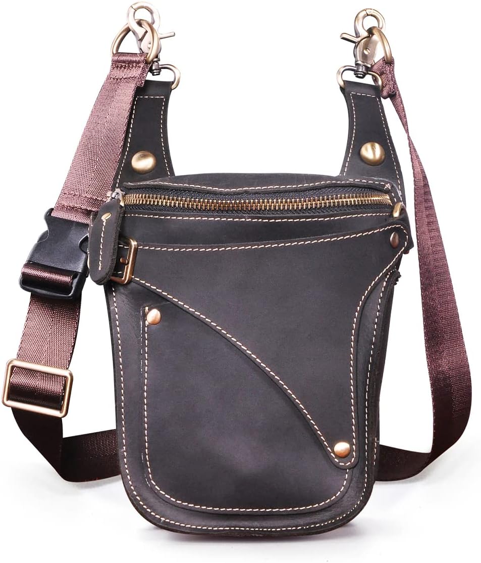 Le'aokuu Herren Leder Motorrad Hüfttasche Messenger Schulter Drop Leg Bag 9326 Dunkelschwarz, 9326 D