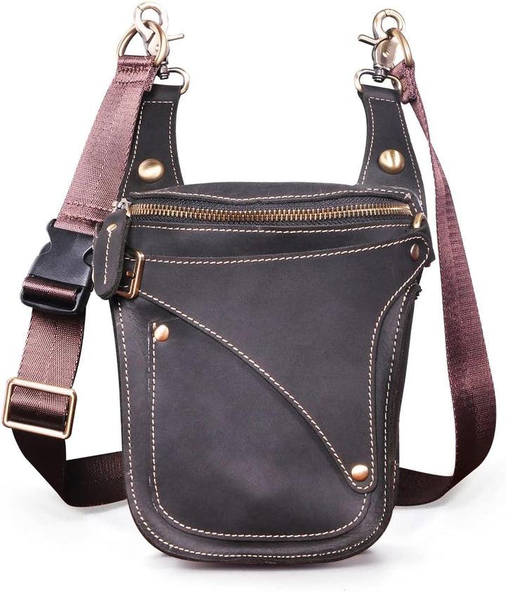 Le'aokuu Herren Leder Motorrad Hüfttasche Messenger Schulter Drop Leg Bag 9326 Dunkelschwarz, 9326 D