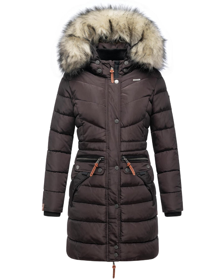 Navahoo Damen Wintermantel warmer Steppmantel lang mit abnehmbarer Kunstfell-Kapuze Paula XS-5XL S C