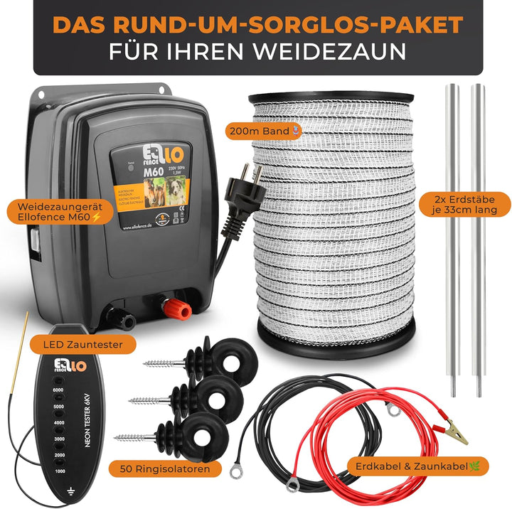 Ellofence Hobby Weidezaun Starterset Weidezaungerät, Weidezaunband 200m, Erdpfahl, Isolatoren, Teste