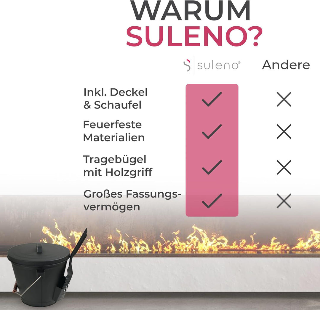SULENO - Ascheeimer BOSTON mit Deckel 35x32cm 19 Liter, inkl. Schaufel, Stahl schwarz, Kohleeimer mi
