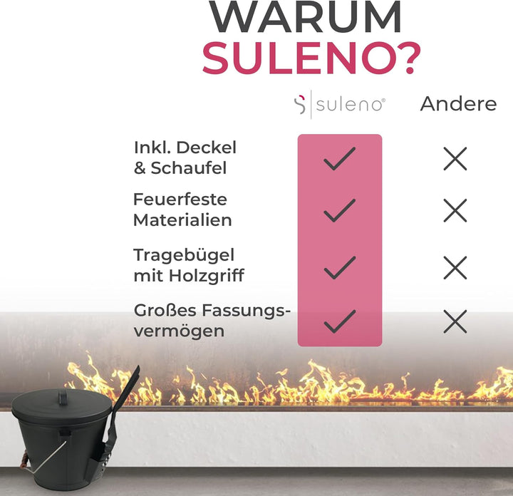 SULENO - Ascheeimer BOSTON mit Deckel 35x32cm 19 Liter, inkl. Schaufel, Stahl schwarz, Kohleeimer mi
